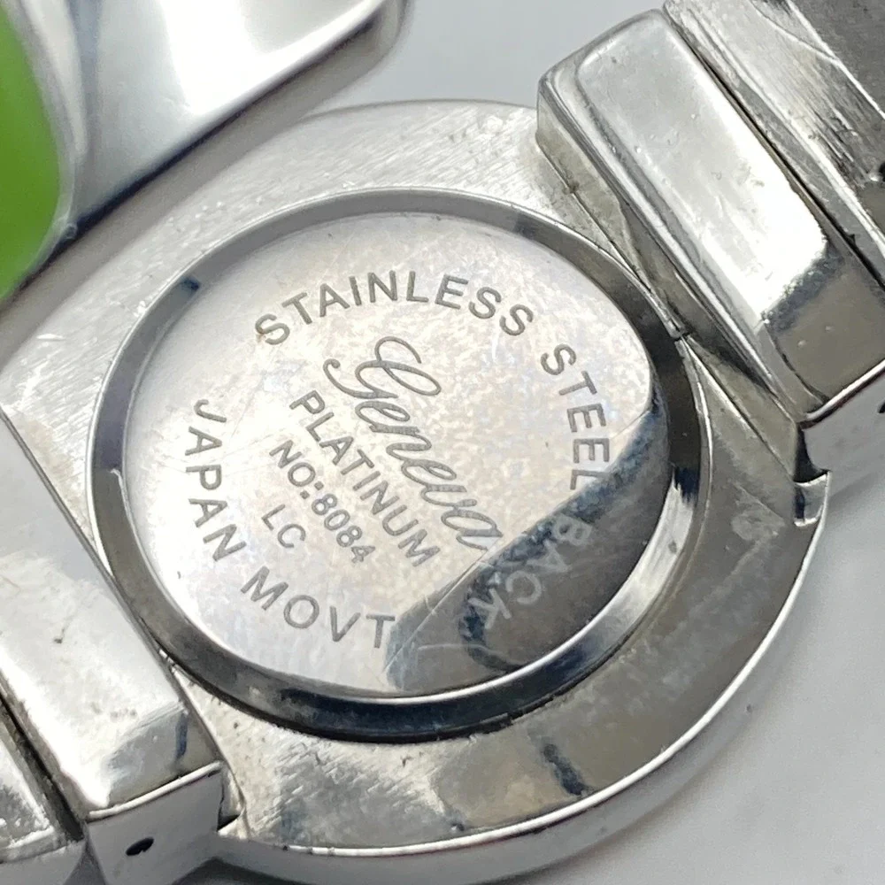 Geneva Women's Watch Silver Tone Green Enamel Look Cuff MOP New Battery SMALL 6